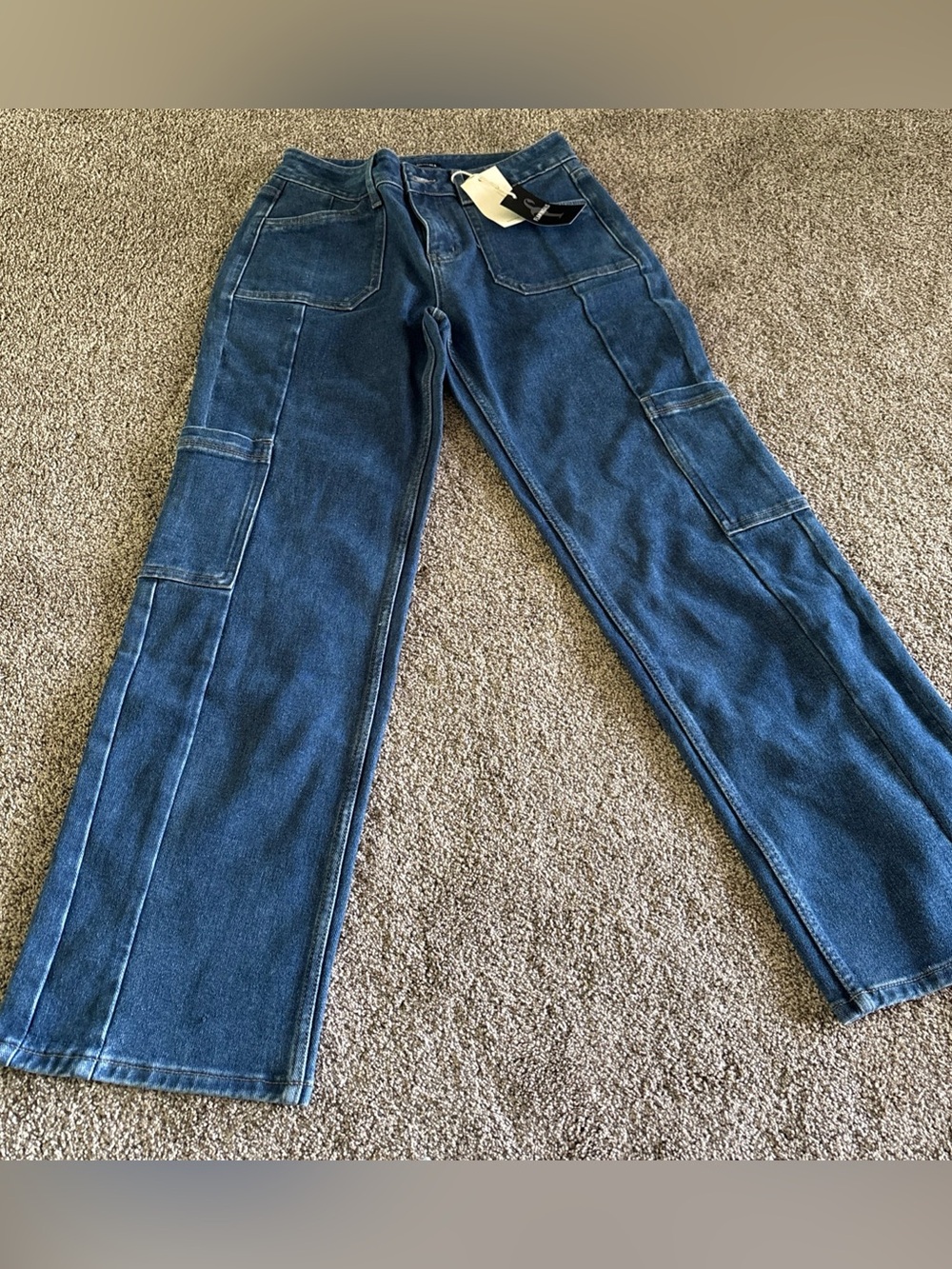 Flamingals Women’s Jeans S Blue Med Denim High Rise Wide Leg Cargo Stretch NWT